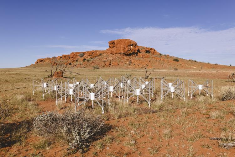 A red rocky landmass rises up in the distance behind a field of radio telescope antennae