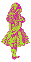 A green and pink coloured illustration of Alice in Wonderland, facing away with her hands clasped behind her back
