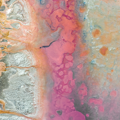 An aerial view of a pink and gold landscape