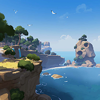 An animated 3D landscape of a calm ocean cove surrounded by leafy green trees and sunlit rocky cliffs