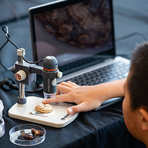 A person using a microscope and laptop