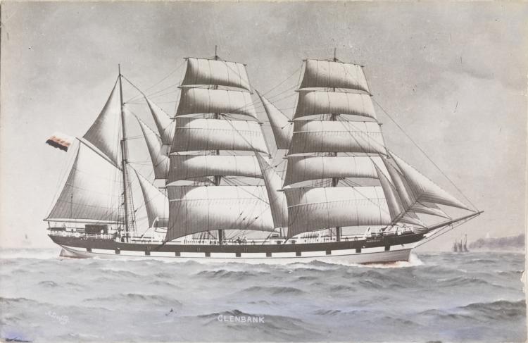 Three-masted ship on the ocean.