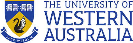 This is an image of the University of WA log. It has blue writing and th Universities crest displayed.