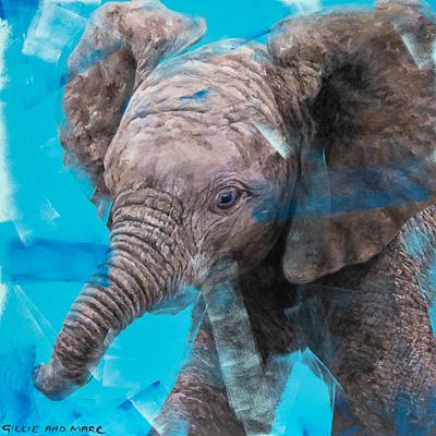 A painting of a baby African Elephant on a blue background with visible brushstrokes in shades of blue across the canvas and subject. The words Gillie and Marc are handwritten in the bottom left corner of the image. 