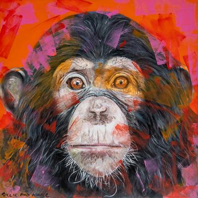 A painting of a baby chimp on a red background with visible brushstrokes in shades of red and pink across the canvas and subject. The words Gillie and Marc are handwritten in the bottom left corner of the image. 