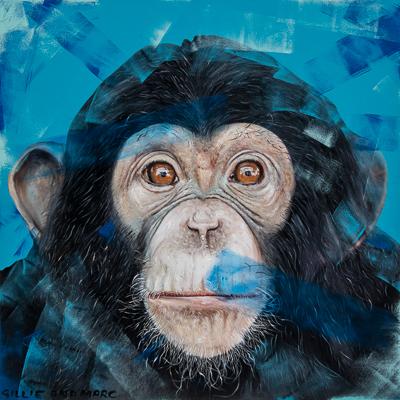 A painting of a baby eastern gorilla on a blue background with visible brushstrokes in dark and light shades of blue across the canvas and subject. The words Gillie and Marc are handwritten in the bottom left corner of the image. 