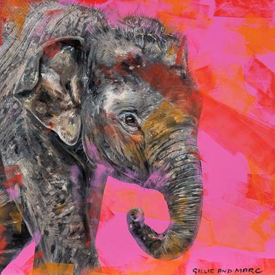 A painting of a baby elephant on a pink and orange background with visible brushstrokes in shades of red orange and pink across the canvas and subject. The words Gillie and Marc are handwritten in the bottom left corner of the image. 