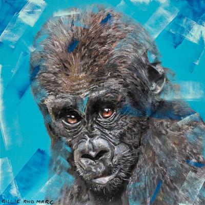 A painting of a baby gorilla on a blue background with visible brushstrokes in shades of blue across the canvas and subject. The words Gillie and Marc are handwritten in the bottom left corner of the image. 