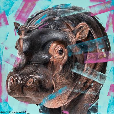 A painting of a baby hippo on a light blue background with visible brushstrokes in shades of blue, pink and purple across the canvas and subject. The words Gillie and Marc are handwritten in the bottom left corner of the image. 