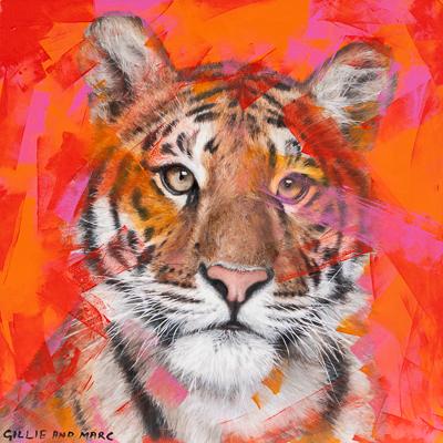 A painting of a baby Tiger on a pink and orange background with visible brushstrokes in shades of red orange and pink across the canvas and subject. The words Gillie and Marc are handwritten in the bottom left corner of the image. 