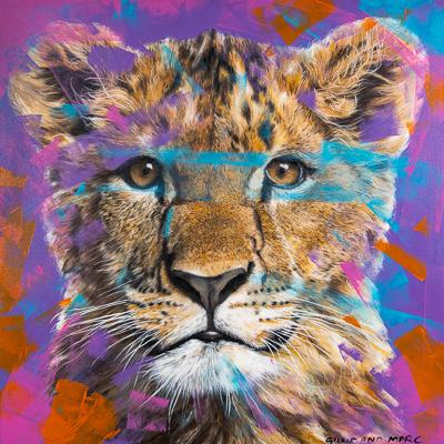 A painting of a baby leopard on an orange background with visible brushstrokes in shades of light blue, orange and purple across the canvas and subject. The words Gillie and Marc are handwritten in the bottom left corner of the image. 