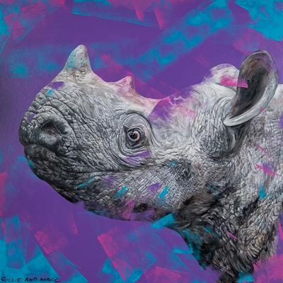 A painting of a baby black rhino on a purple background with visible brushstrokes in shades of blue across the canvas and subject. The words Gillie and Marc are handwritten in the bottom left corner of the image. 