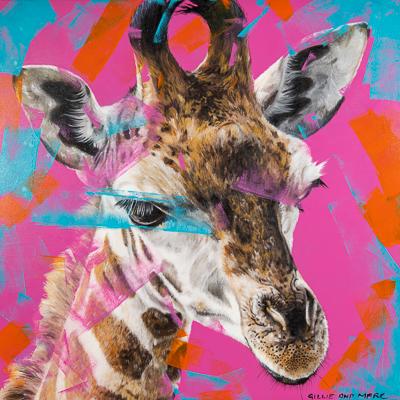 A painting of a baby giraffe on an orange background with visible brushstrokes in shades of light blue, orange and purple across the canvas and subject. The words Gillie and Marc are handwritten in the bottom left corner of the image. 