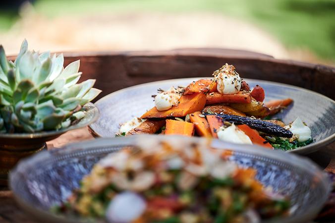 A colourful dish with carrots dukkah and small white cheeseballs artfully displayed next to a colourful shredded salad dish and a green succulent plant