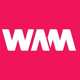 A pink square image with white letters reading 'WAM' in a bold font