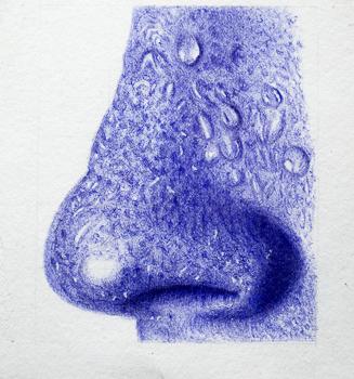 A blue drawing of the side profile of a nose with beads of water or sweat running down the textured skin