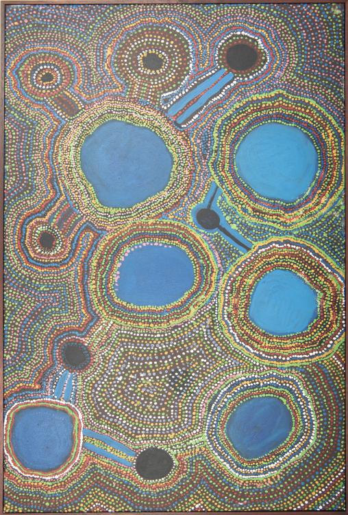 A vividly colourful Aboriginal painting representing the topography of Country with a range of colourful shapes