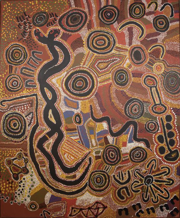 A vividly colourful Aboriginal painting representing the topography of Country with a range of colourful shapes