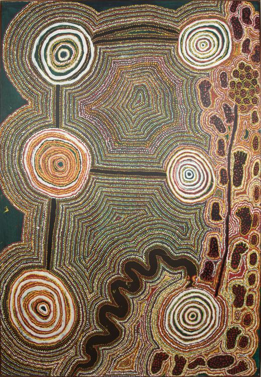 A colourful Aboriginal painting representing the topography of Country with 6 concentric circles in a grid pattern