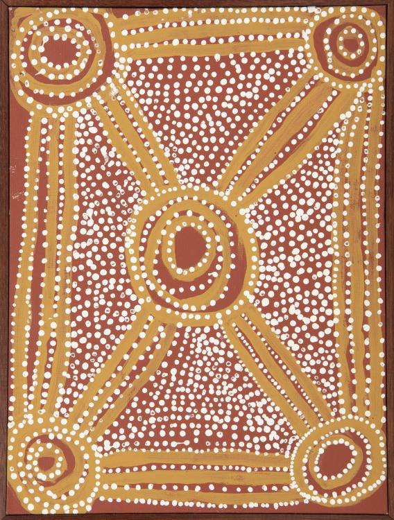 A vividly colourful Aboriginal painting representing the topography of Country with a range of colourful shapes including straight lines  connecting four concentric circles in the corners of the image and a fifth in the centre