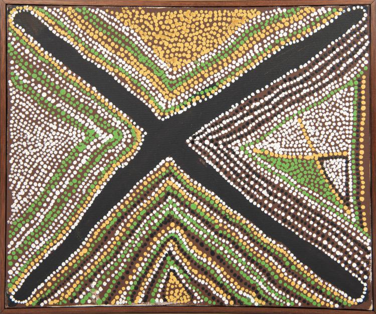 A colourful Aboriginal painting representing the topography of Country with strong triangular lines that emerge from the four corners of the canvas