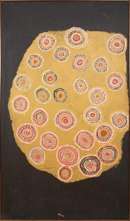 A vividly colourful Aboriginal painting on a black canvas background representing the topography of Country