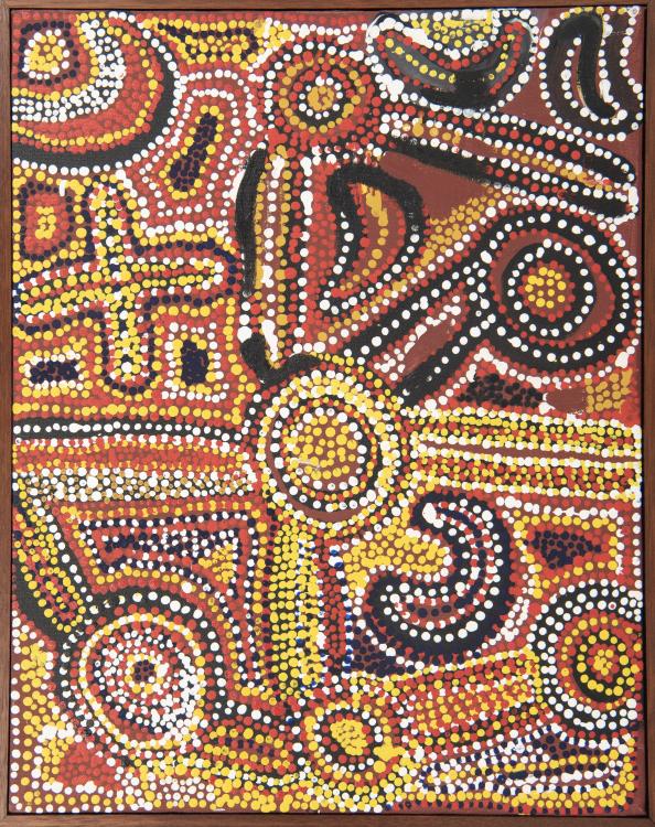 A vividly colourful Aboriginal painting representing the topography of Country