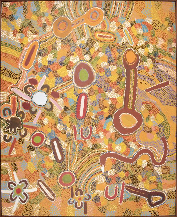 A vividly colourful Aboriginal painting representing the topography of Country