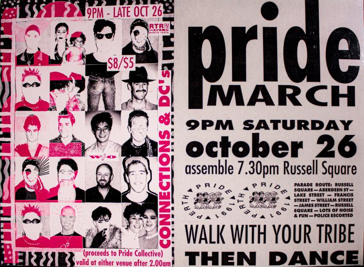 A pride march poster from 1991 featuring a collection of headshots of people, arranged in a grid formation, showing people smiling and posing decorated with a 90s style graphic overlay in bright pink and black next to an information panel detailing the details of the march