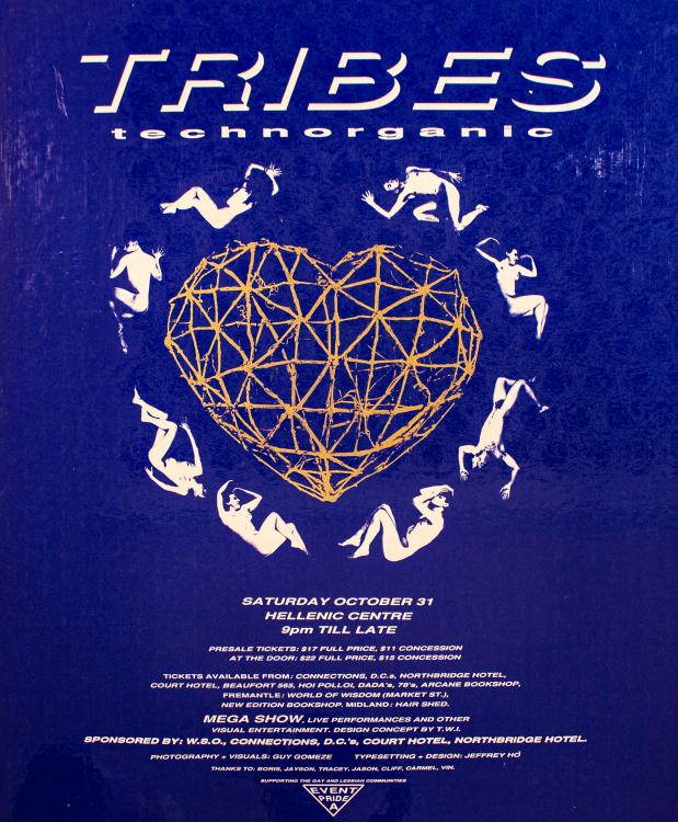A pride march poster from 1992 featuring a blue background with drawing-style photographs of naked bodies in different artistic positions, arranged like a border around a yellow heart with a yellow, hand-drawn line-art aesthetic. The word TRIBES technorganic are prominantly displayed at the top of the poster in bold blue and white text, and a large amount event information in included at the bottom in small white text