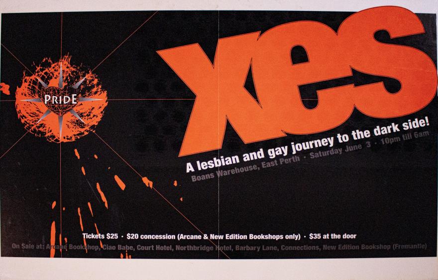 A pride event poster from 1995 with a black background and the word 'XES' in a vibrant red colour, with the words A lesbian and gay journey to the dark side across the right side of the poster. The Pride logo in a red line-drawn heart with silver spikes sits in the top left corner, surrounded by red accents