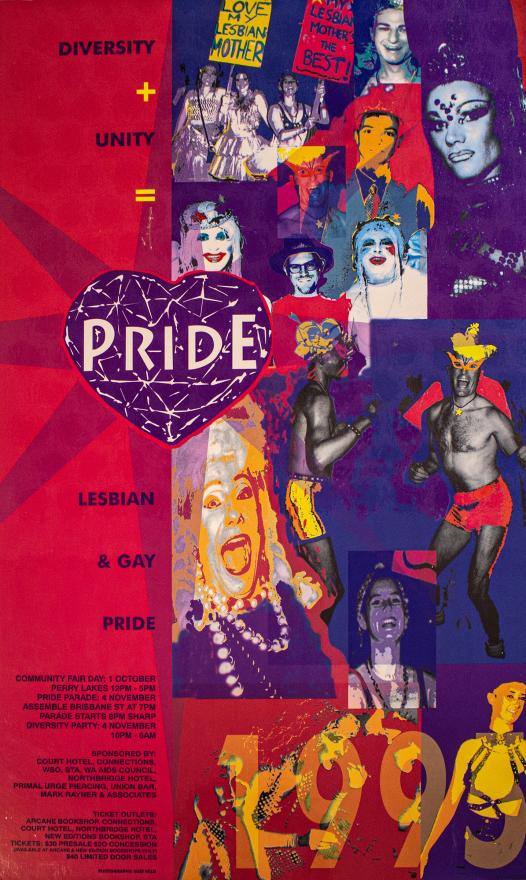 A pride event poster from 1995 with a vibrant pink and purple background, and images of people in elaborate costumes and makeup on the right-hand-side of the image, with an oversaturated graphic filter. The words Diversity + unity = Pride is written in the top left hand corner with the Pride logo in a spiked heart in the left-hand-side centre.