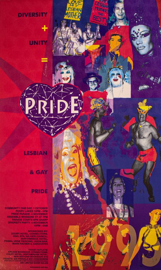 A pride event poster from 1995 with a vibrant pink and purple background, and images of people in elaborate costumes and makeup on the right-hand-side of the image, with an oversaturated graphic filter. The words Diversity + unity = Pride is written in the top left hand corner with the Pride logo in a spiked heart in the left-hand-side centre. 