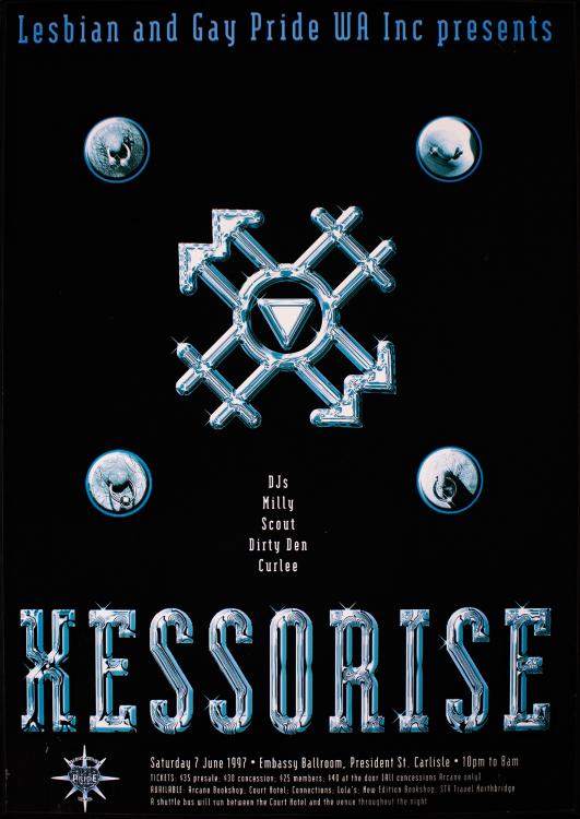A pride event poster from 1997 with a black background and blue silver shapes including the gendered signs for female and male, interwoven to represent lesbian and gay relationships, interwined to create a cross-like shape, surrounded by four pierced nipples in circles. The word XESSORISE is written in the same shiny, bold silver-blue style underneath 