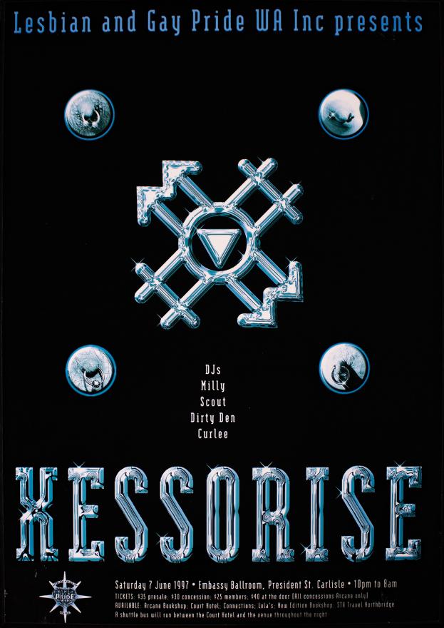 A pride event poster from 1997 with a black background and blue silver shapes including the gendered signs for female and male, interwoven to represent lesbian and gay relationships, interwined to create a cross-like shape, surrounded by four pierced nipples in circles. The word XESSORISE is written in the same shiny, bold silver-blue style underneath