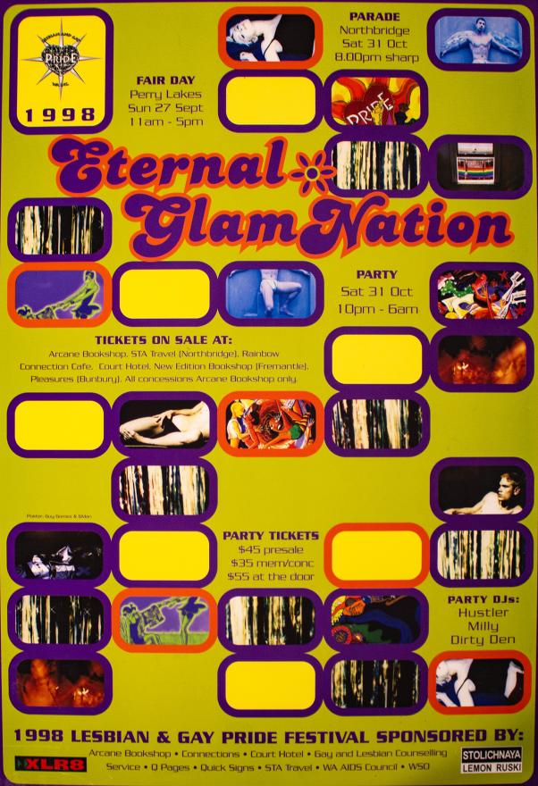 A pride event poster from 1998 with a 1970s-style design featuring a green background with colourful purple yellow and orange cubes containing various images of people and drawings. The words Eternal GlamNation are written at the top in a purple and orange groovy font, with event information written in the random gaps between graphic squares