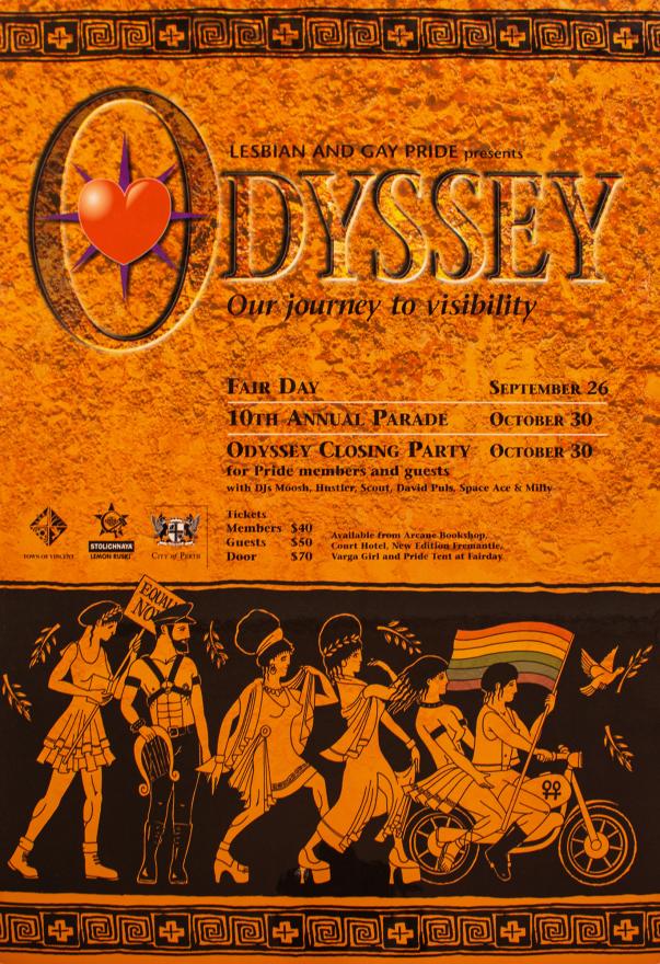 A pride event poster from 1999 designed in a black and orange style with the word ODYSSEY Our Journey to Visibility in bold letters at the top of the image, with a stone-like texture. A series of Greek-inspired drawings of members of the queer community is featured at the bottom of the image.