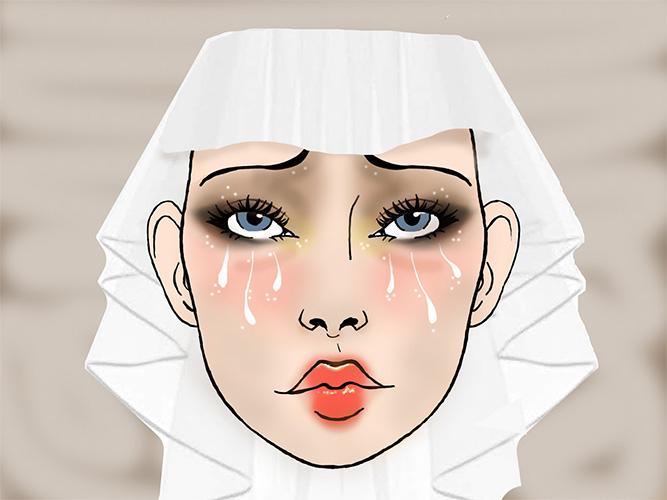 A drawing of a face with a white fabric veil over the forehead and falling down the back of their neck. The face has smoky eye makeup and soft pink blush and cries white tears