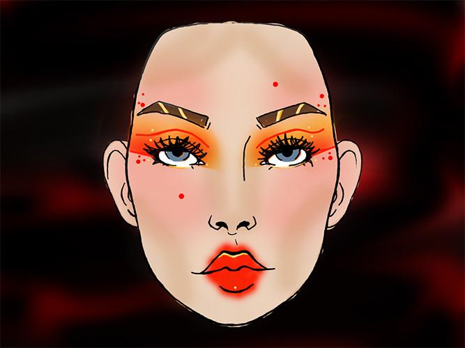A drawing of a face with colourful red yellow and orange eye make-up with round red lips set against a moody black and red background