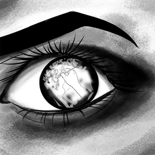 A pencil sketch of a greyscale eye with a thick black eyebrow and long eyelashes. Instead of a pupil, there is a small circular image of a hand holding a brush and painting letters