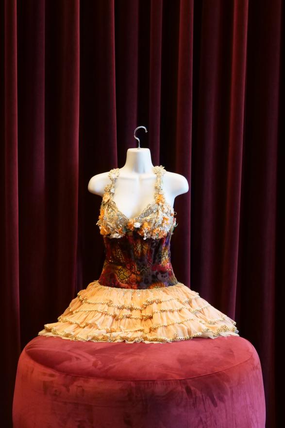 An ornate ballet costume with a light pink skirt, burned satin bodice in dark purple red and yellow and a floral bra with orange petals.The costume is worn on a white mannequin in front of a red curtain.