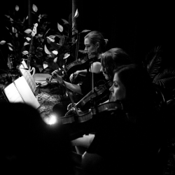 A group of people playing violins in a dimly lit room, showcasing their musical talents.