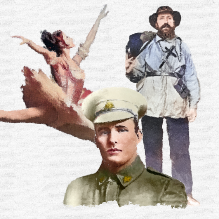 A watercolour painting with a plain background showing a ballerina, a bushranger and a soldier