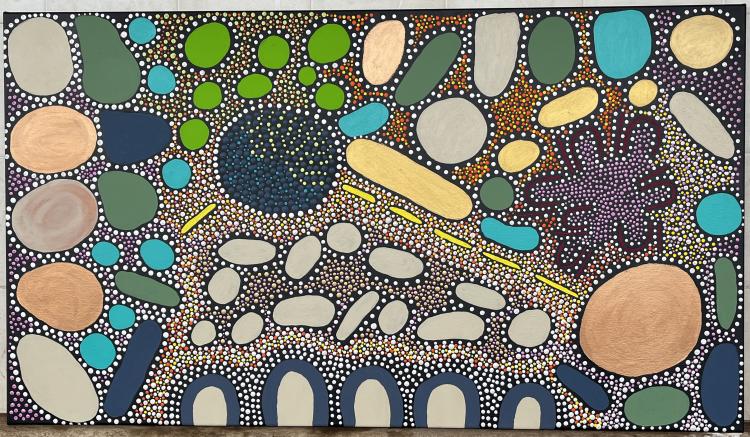A colourful painting featuring a series of circular shapes in blue yellow grey and green surrounded by a series of tight white dots