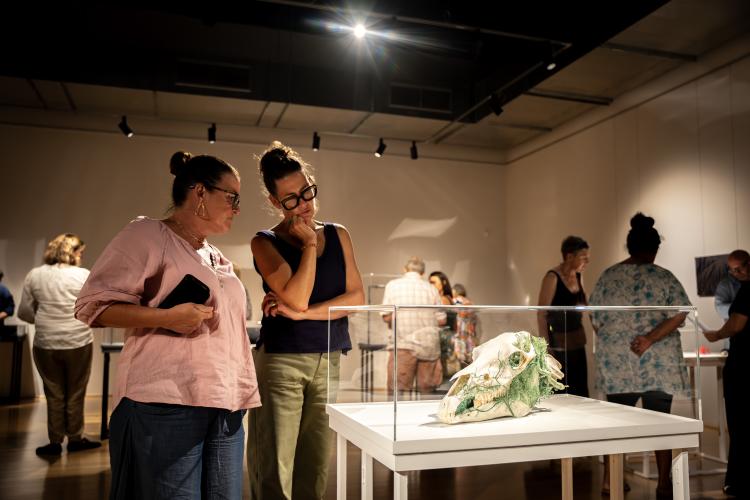Two individuals with glasses and tied-back brown hair stand over an animal skull covered in green vine-like artwork and observe it with interest