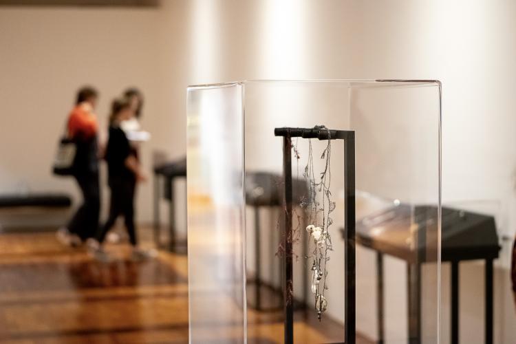A delicate piece of metal jewellery in black red and white on a wooden hanging display in a glass showcase in a white walled timber floored Museum showcase