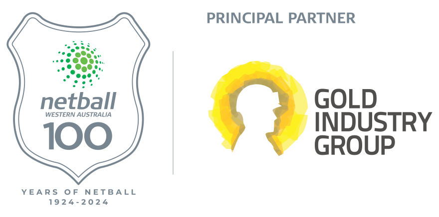 The Netball WA logo in a shield readings netball Western Australia 100 years of netball 1942 to 2024. The Gold Industry Group logo sits beside it with a silhouette of a miner outlined by rings of yellow and gold.