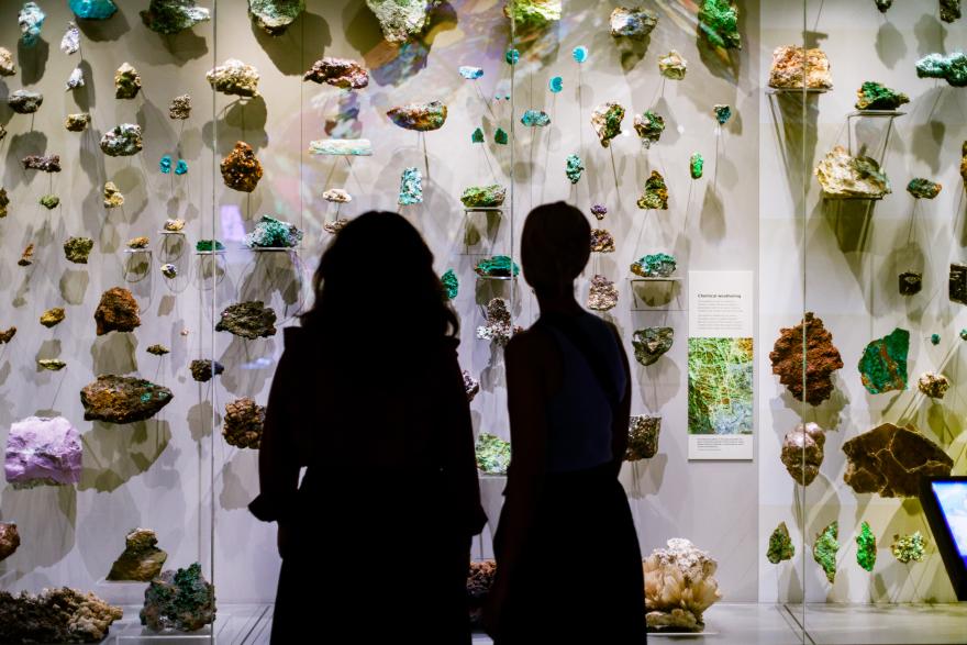 Visitors observe an array of mineral specimens displayed in a museum exhibit.