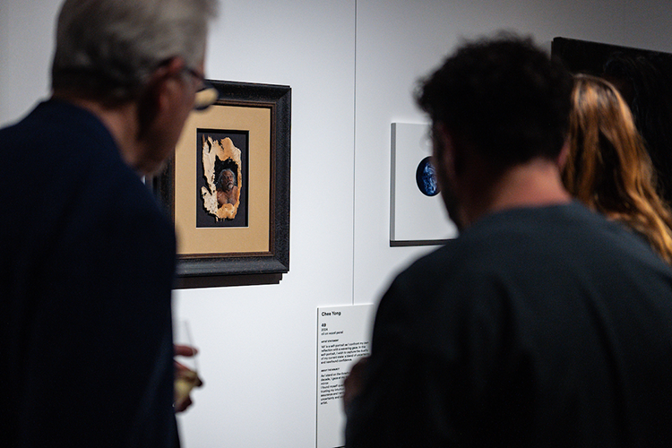 Lester prize portraits on display in gallery observed by visitors