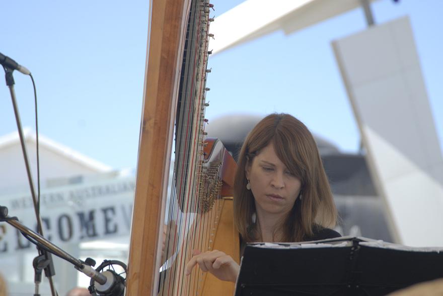 A harpist with shoulder length auburn hair stairs at sheet music on a black stand with a concentrated expression as they play